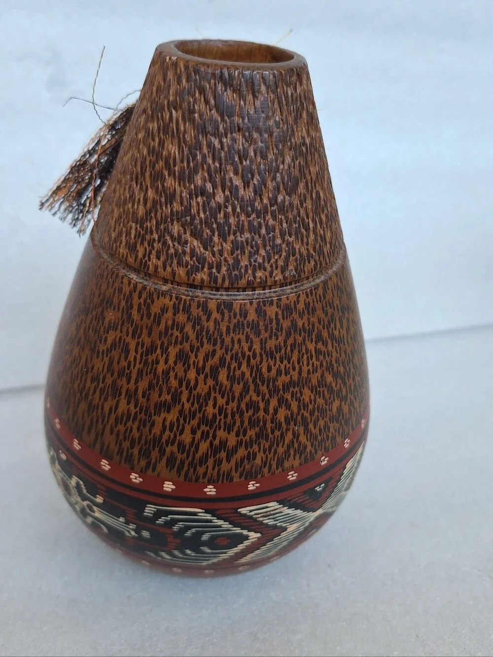 Vintage Handcrafted Cocowood Vase Handpainted Boho
